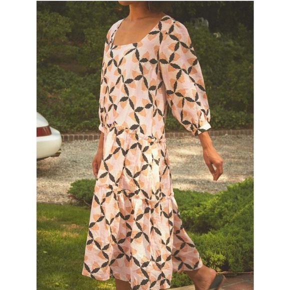 The Odells Lyla Geometric Floral Print Puff Sleeve Square Neck Linen Midi Dress - Picture 1 of 11